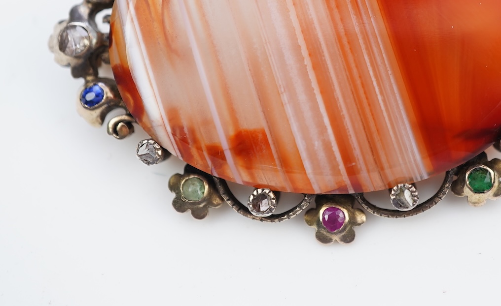 An agate, ruby, emerald and diamond brooch, circa 1900